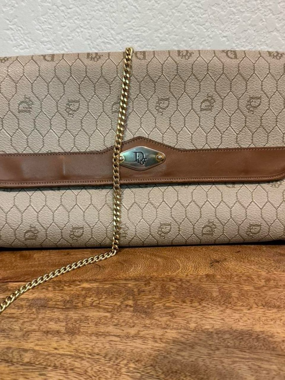 Dior Beige Monogram Clutch with Brown Leather Trim and Gold Chain
